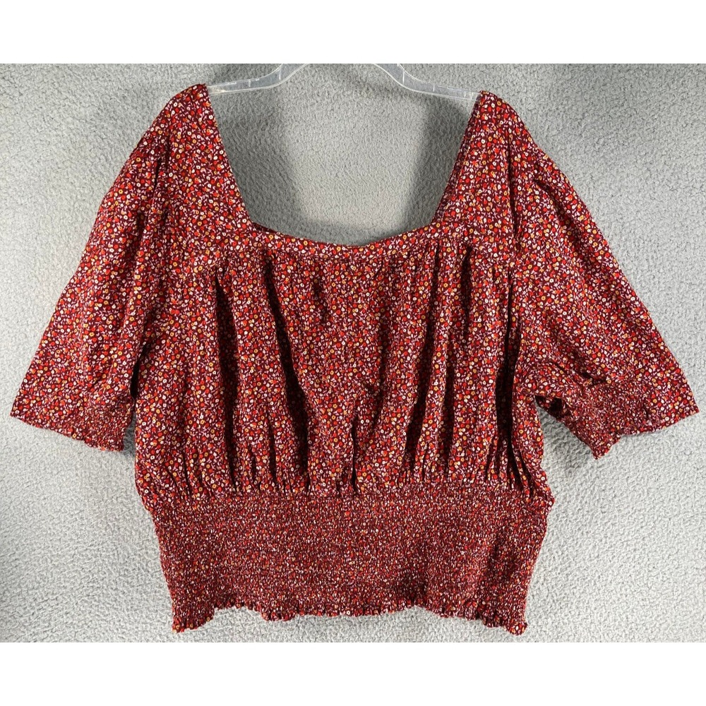 Universal Thread Crop Top Womens Plus 4X Red Calico Smocked Stretch Square Neck